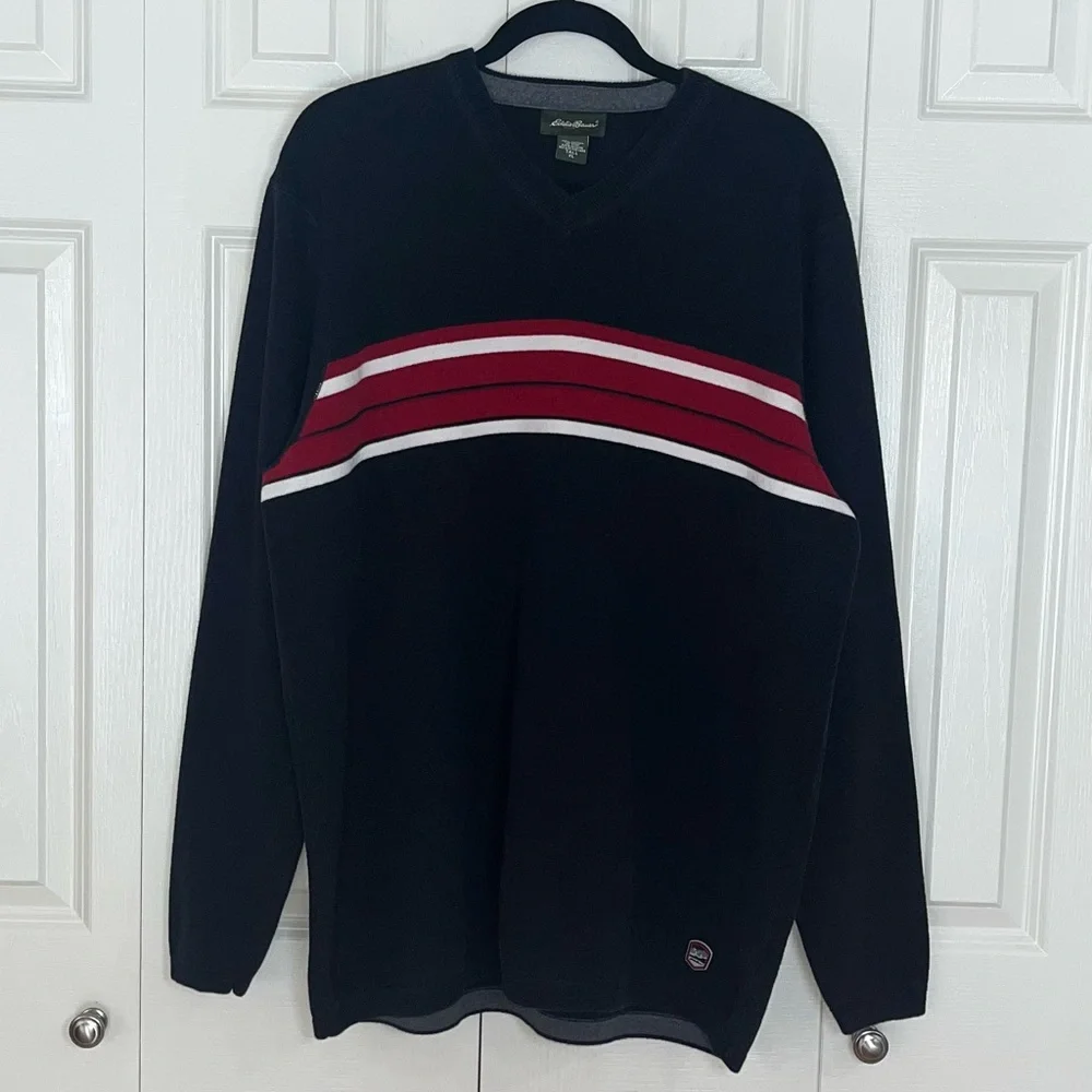 Eddie Bauer Mens Medium Dark Blue Striped Heavy Ribbed Knit Sweater Size XL